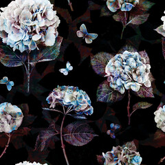 Vintage floral pattern gothic seamless hydrangea flowers with butterflies watercolor repeating abstract background, hortensia in dark black blue colors