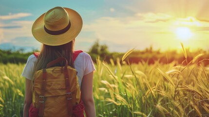 A traveller woman with a hat and backpack stands outdoors in a field at sunset basking in the warm glow of the setting sun in a nostalgic rural setting
