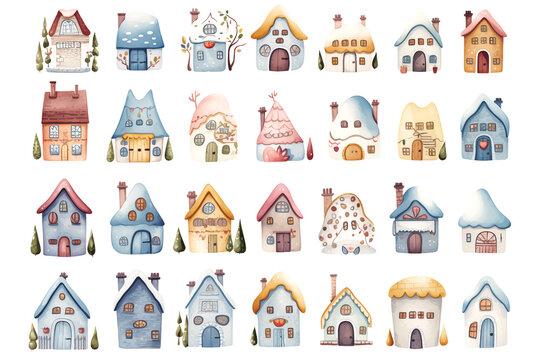 Set of different watercolor colorful houses isolated on white background. Clipart bundle, hand drawn set, tiny core, cute cartoonish design