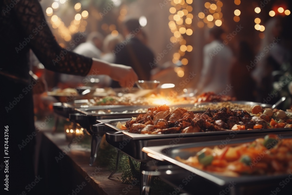 Poster a variety of food trays on a buffet table. suitable for catering and event planning
