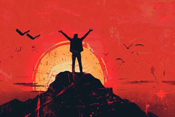 Person silhouetted against red sunset and mountains