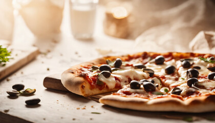 pizza with salami and olives - obrazy, fototapety, plakaty