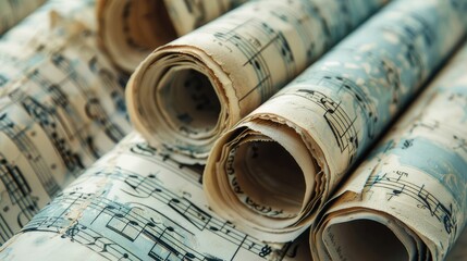 Musical creativity: Rolled sheets with music notes on a light background, closeup. Perfect for stock images illustrating the artistic and creative aspects of musical composition