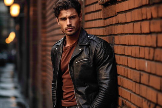 An attractive male model in a fashionable leather jacket, standing with one hand in his pocket and the other resting on a brick wall, his gaze fixed on the urban landscape before him.