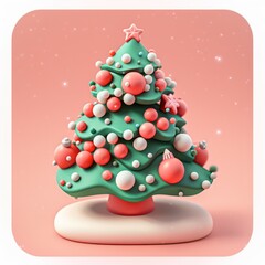 a green polymer clay santa tree, isolated, white background, a 3d rendered rounded square button, playful and colourful and bubbly pixelated