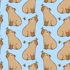Seamless pattern with cute сartoon capybaras with butterflies - funny animal background for Your textile and wrapping paper design - 747444123