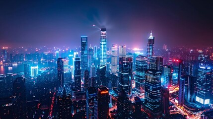 Futuristic Cityscape with Vibrant Neon Lights and Dynamic Data Flow Lines