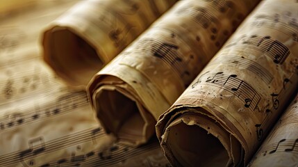 Musical creativity: Rolled sheets with music notes on a light background, closeup. Perfect for...