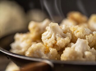 Cauliflower in pan. Vegetable sautéed.