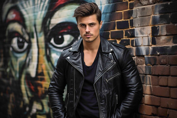 Fototapeta na wymiar An attractive man in a stylish leather jacket, leaning against a brick wall adorned with street art, his cool demeanor and perfect hairstyle adding to the urban allure of the scene.