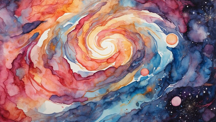 Watercolor abstract galaxy painting with swirling colors and cosmic elements.