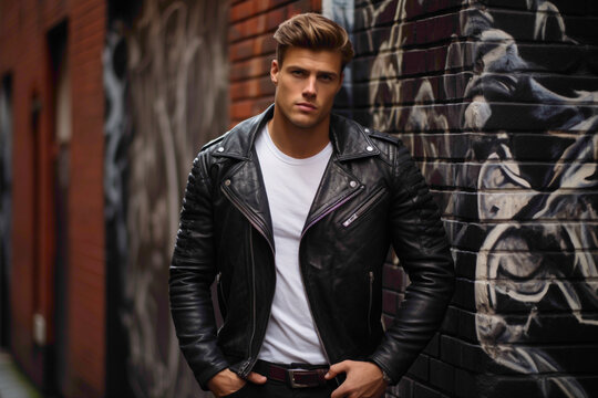 An attractive man in a stylish leather jacket, leaning against a brick wall adorned with street art, his cool demeanor and perfect hairstyle adding to the urban allure of the scene.