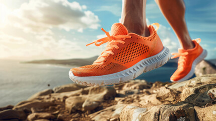 close-up action shot of a runner's bright orange shoes mid-stride on a coastal path. - obrazy, fototapety, plakaty