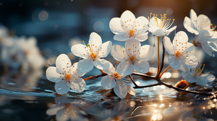 Elegant white cherry blossoms with water droplets, glistening against a soft, bokeh background.