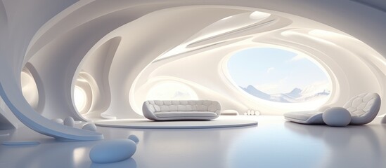 A modern living room featuring a sleek white couch positioned in front of a large, round window. The room is bathed in natural light, creating a clean and airy atmosphere.