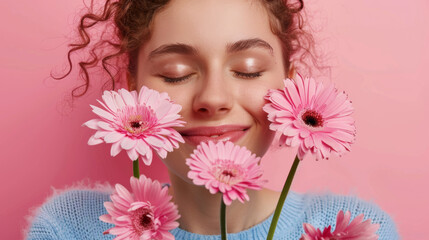 young woman with curly hair and closed eyes, holding and smelling pink gerbera flowers against a soft pink background.