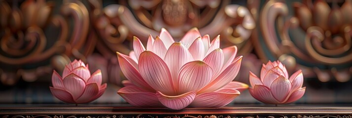 Three magenta lotus flowers resting on a wooden table - Powered by Adobe