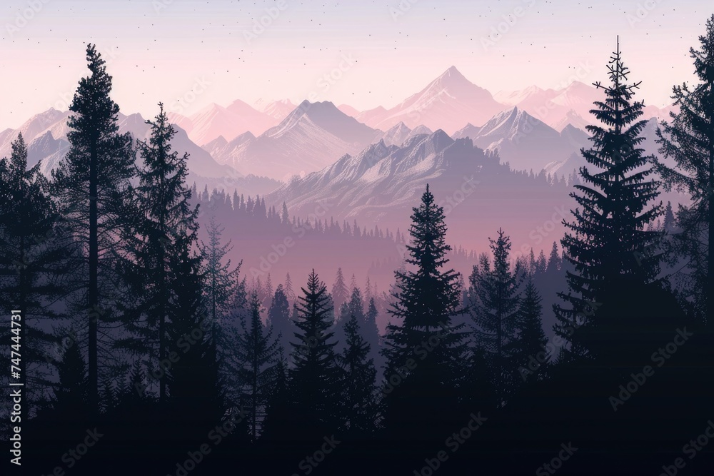Poster A scenic view of a mountain range with pine trees in the foreground. Perfect for nature enthusiasts