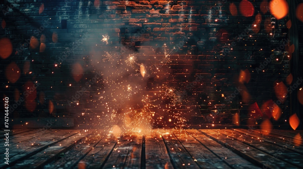 Poster fire sparkles on a wooden floor in front of a brick wall. suitable for backgrounds or textures