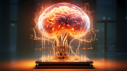 Ein Gehirn mit Kabeln und Drähten in einem Labor. - obrazy, fototapety, plakaty