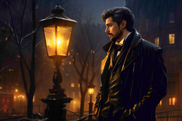 An elegant gentleman in a fashionable overcoat, standing beside a vintage lamppost on a cobblestone street, his expression thoughtful as he watches the city come to life at night.