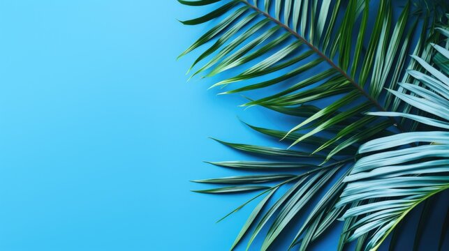 A single palm leaf on a vibrant blue background. Perfect for tropical themed designs