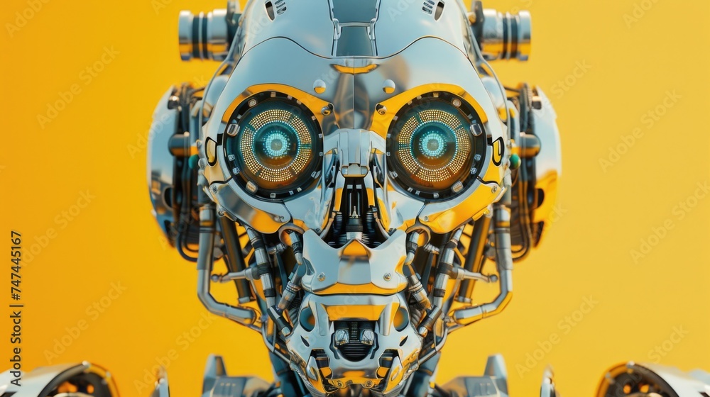 Poster close up of a robot's head on a vibrant yellow background. perfect for technology or futuristic conc