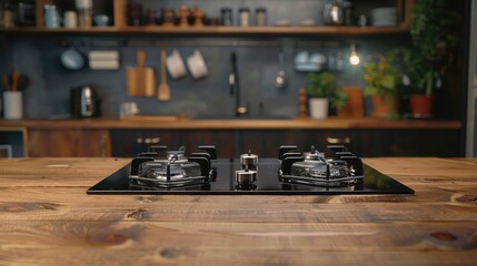 A stove top sitting on a wooden table, suitable for kitchen or cooking concepts - obrazy, fototapety, plakaty