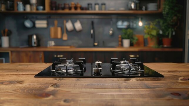 A Stove Top Sitting On A Wooden Table, Suitable For Kitchen Or Cooking Concepts