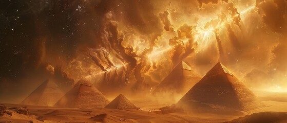 Pyramids touch the stars above a hidden underground Egyptian city, with mystical clouds swirling and firelight casting shadows - obrazy, fototapety, plakaty