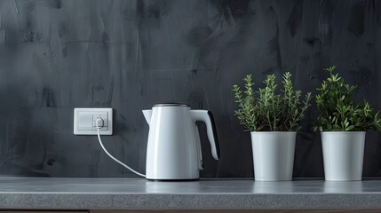 Modern kitchen setup: Electric kettle plugged into a power socket on a dark gray wall indoors. Ideal for stock images illustrating modern living, technology in the kitchen, and home convenience