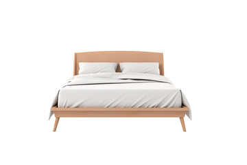 wooden headboard bed with crisp white linen isolated on transparent background.