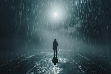 On a concrete floor, a lone figure gazes at Saturn through a downpour, ultra-realism blurring space and rain - obrazy, fototapety, plakaty