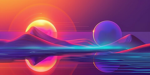 Fantastic abstract landscape background pattern. Cyberpunk and vaporwave style. Purple, red, blue bright colors. Abstract horizontal banner. 80's graphic design style. Digital bitmap. AI artwork.