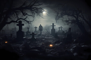 In the moonlit graveyard, a shadowy figure in tattered rags emerges from a weathered tombstone, with gnarled branches overhead and misty wisps of fog coiling around ancient, eerie crypts - obrazy, fototapety, plakaty