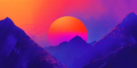 Foto op Canvas Fantastic abstract landscape background pattern. Cyberpunk and vaporwave style. Purple, red, blue bright colors. Abstract horizontal banner. 80's graphic design style. Digital artwork raster bitmap.  © Oxana