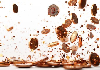Fototapeta premium bitcoin stacks of brown coins dropping from isolated, white background