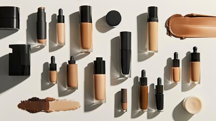 Obraz premium Makeup diversity: Collage with bottles and tubes of skin foundation on a white background, showcasing the variety of beauty products and diverse shades.