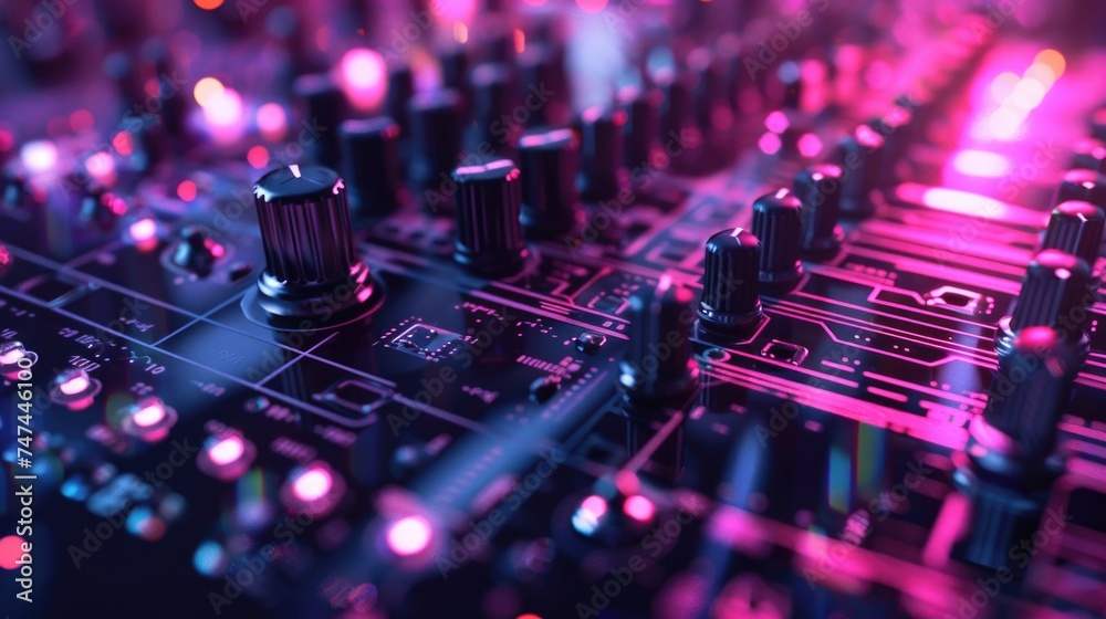 Poster Close up of a sound board with multiple knobs. Perfect for music or technology concepts