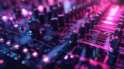 Close up of a sound board with multiple knobs. Perfect for music or technology concepts