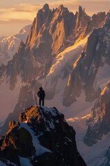 A man standing on a snow covered mountain peak. Perfect for outdoor adventure concepts