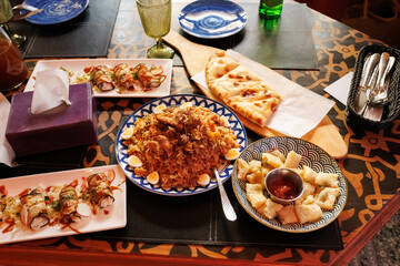 traditional Caucasian cuisine. home table with many dishes for the holiday