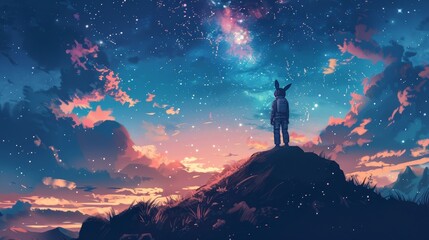 Peaceful yet thrilling, a space-suited rabbit sets camp on a mountain peak, eyes set on the stars above as a rocket launch nears