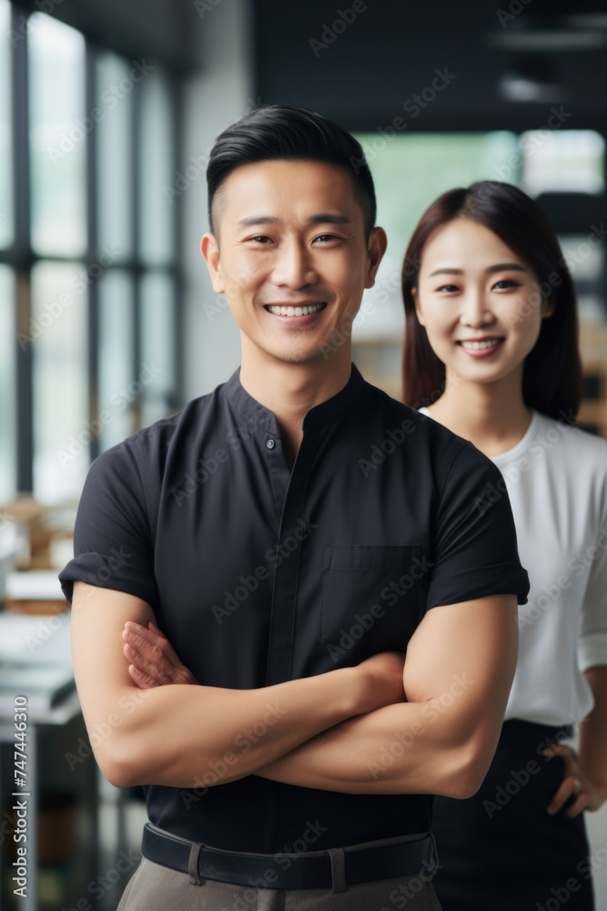 Poster a man and a woman standing next to each other. suitable for various concepts and themes