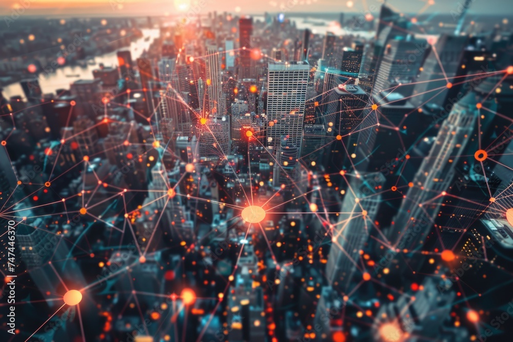Poster a city with intricate network of connected lines. ideal for technology or urban planning concepts