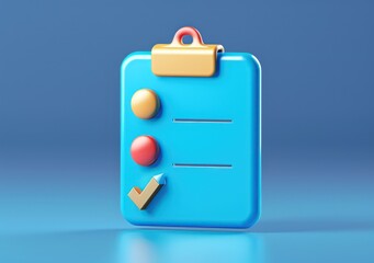clipboard clipping checklist illustration,  a 3d rendered blue rounded square button, playful and colorful and bubbly