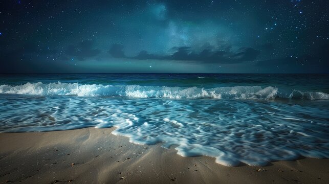 Celestial serenity: Sea waves rolling onto a sandy beach under a starry sky at night. Perfect for stock images capturing the tranquil beauty of a coastal landscape under the night sky