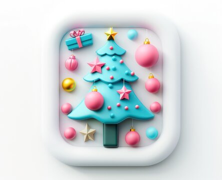 christmas tree icon, a 3d rendered blue rounded square button, playful and colorful and bubbly