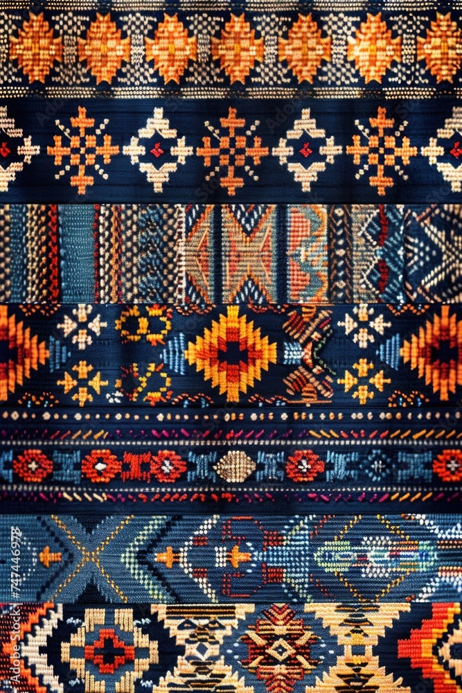 Poster A blue and orange rug with a unique pattern, perfect for adding a pop of color to any room