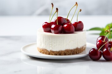 Macro view photography of a tasty cheesecake on a ceramic tile against a white marble background. AI Generation